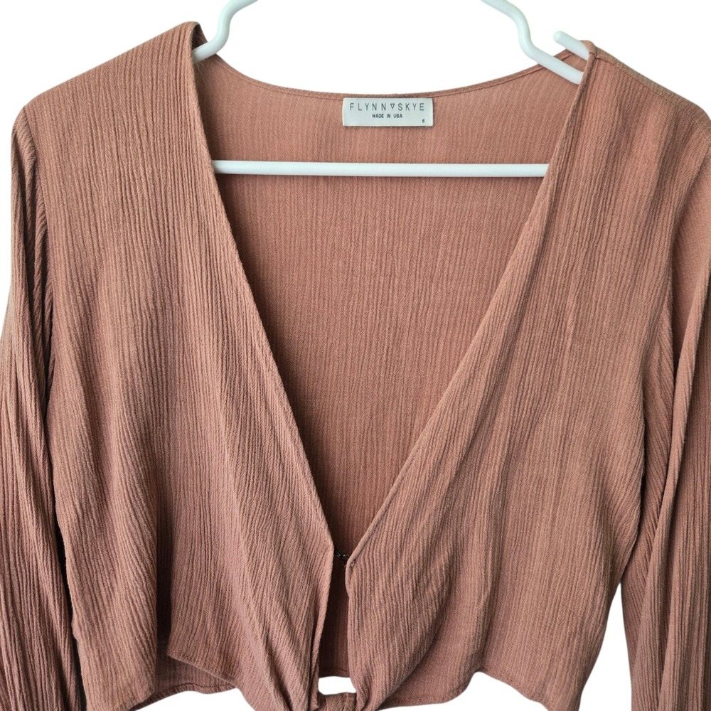 Flynn Skye Dusty Rose Crinkle Gauze Tie Front Boho Crop Top Long Sleeve Small